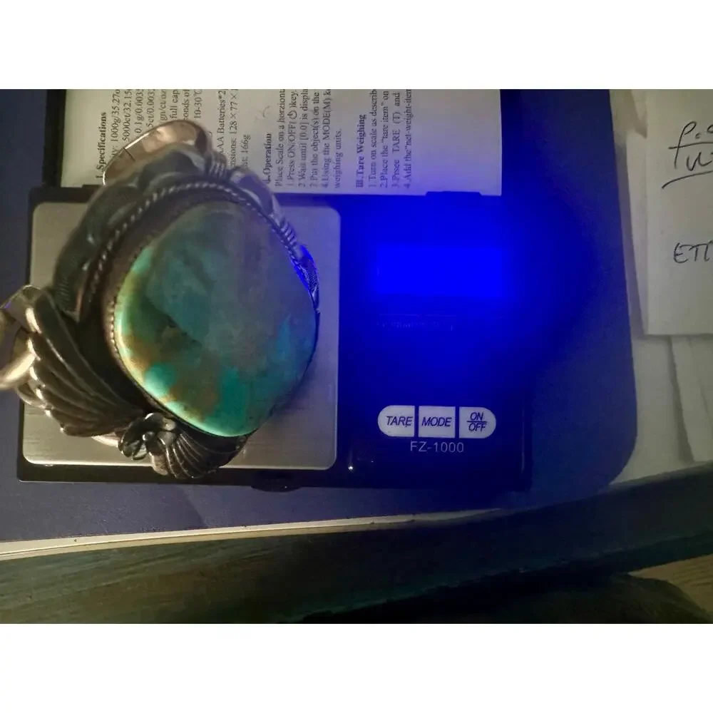 VINTAGE 70's 80's HUGE HEAVY SIGNED NAVAJO CARVED STERLING TURQUOISE CUFF UNISEX